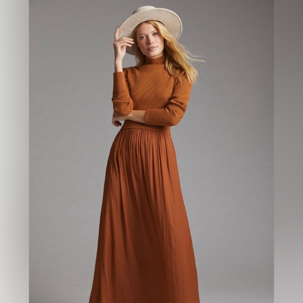 Anthropologie Layered Mock Neck Sweater Maxi Dress, Gold M petite